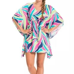 Escapada Ladies L/XL Aegean Blue Poppy Short Sleeve Kimono Cover Up Beach Summer